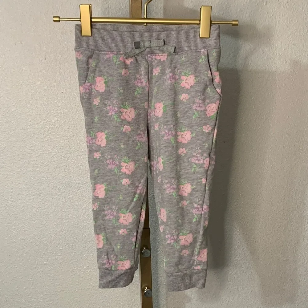 Janie and Jack- Toddler Gray Joggers with Pink Floral Pattern-3T